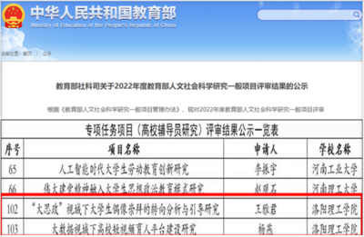 洛阳理工学院获批2项教育部人文社科研究专项任务(高校辅导员研究)项目